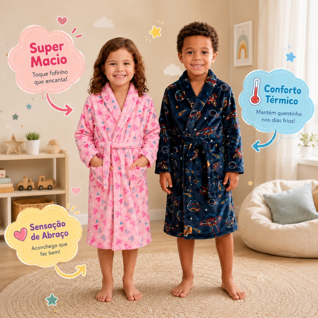 Roupão Benévola Infantil Menina Menino Microfibra Quentinho Macio Térmico Inverno Aveludad...
