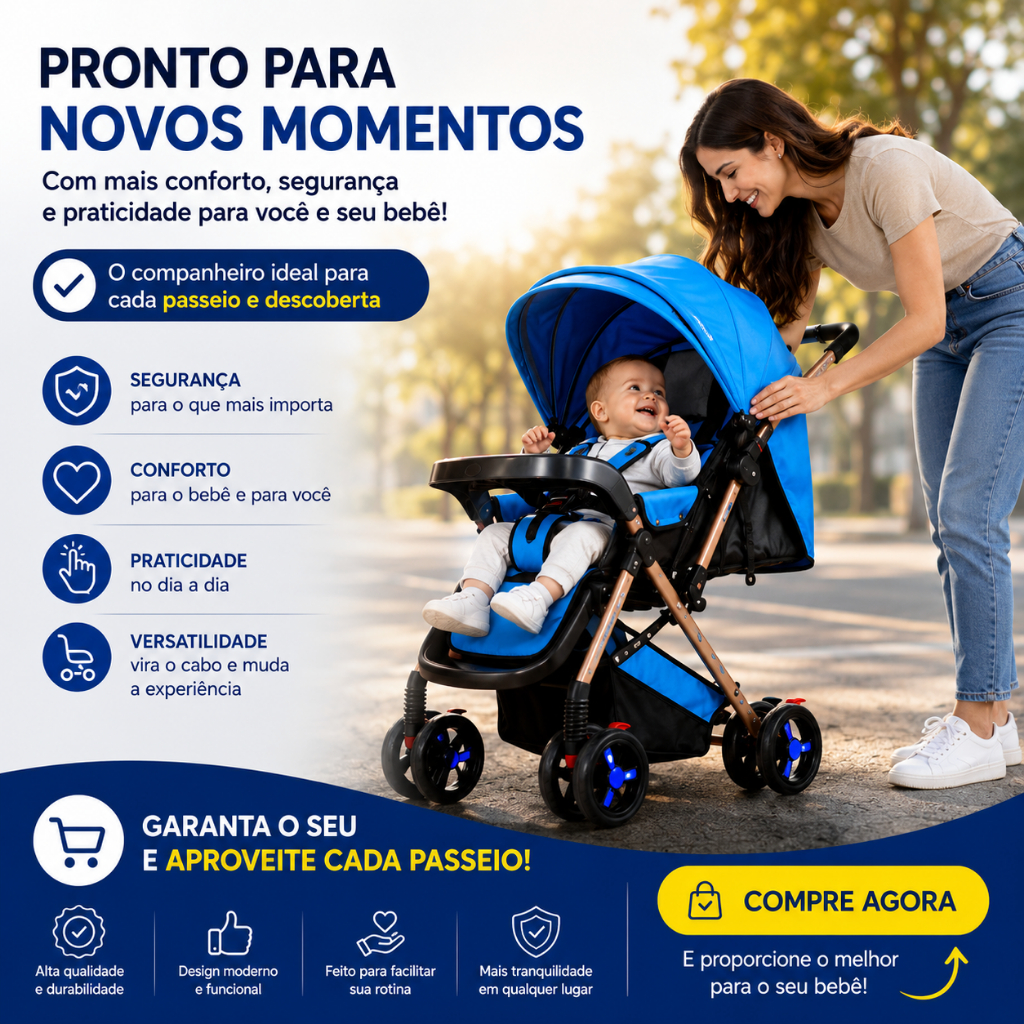 Carrinho de Bebê Passeio Reclinável com Bandeja Brinquedos e