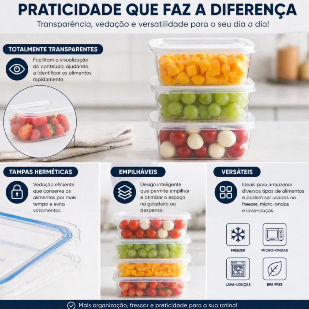 Kit Marmitas Potes Retangulares 300ml Transparente Bpa Free Freezer Microondas Organizador De Alimentos