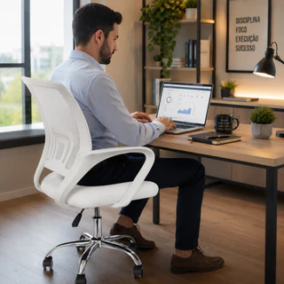Cadeira de Escritório Modelo VIG Branca Giratória Diretor Mocho Branco Base Cromada Ergonômica Confortável