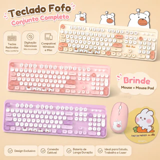 Kit Teclado e Mouse Sem Fio Silenciosos, Teclas Redondas, para Escritório e Jogos, Mouse Pad Grátis