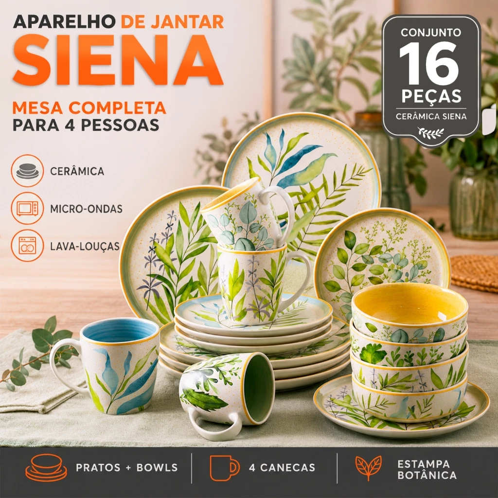 Aparelho de Jantar e Sobremesa, 16 Peças Cerâmica Siena com Bowls