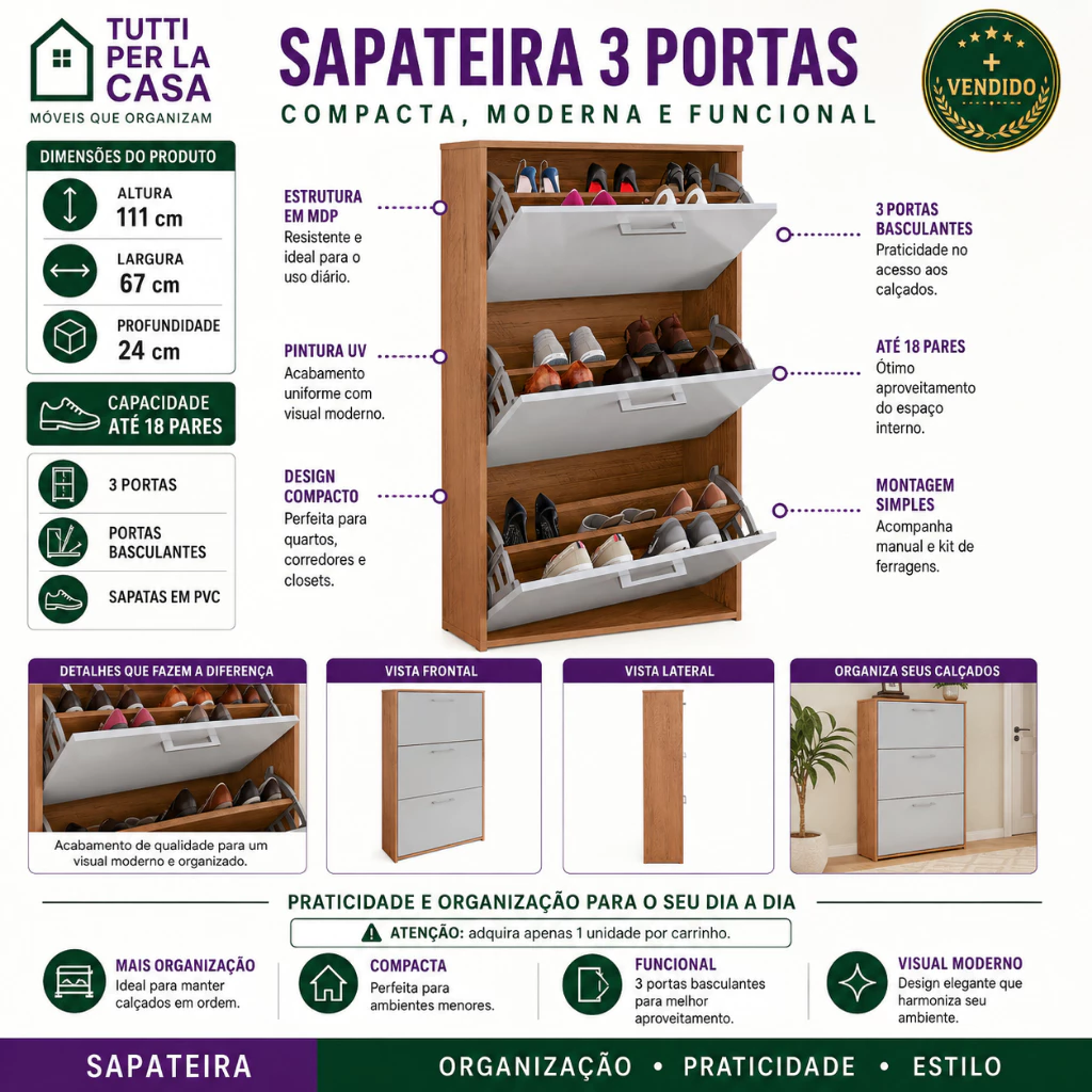 Sapateira com Portas Basculantes Vertical Armário para Quarto Sapato Sala Tênis Hall Entrada - Imagem 2