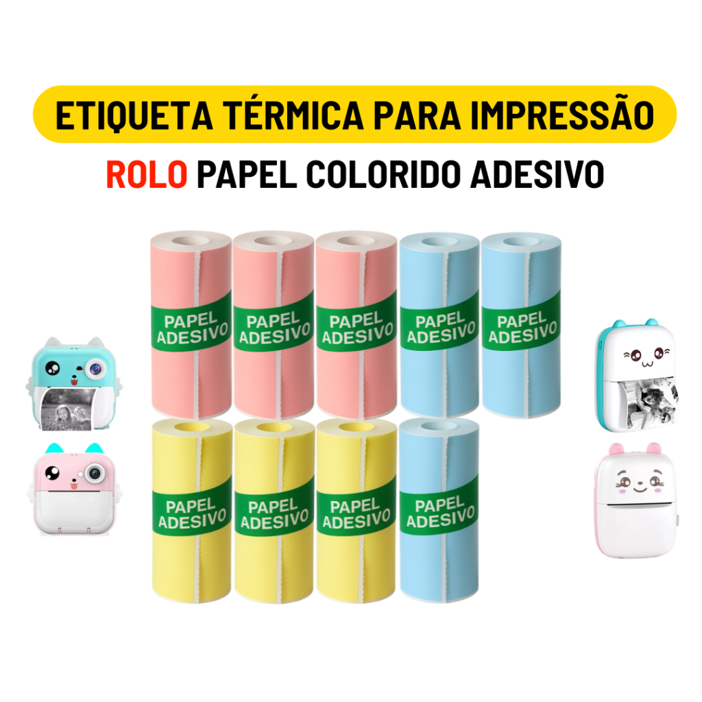 Rolo Etiqueta Térmica Adesiva Colorida 57mm Refil Bobina Para Mini Impressora Portátil e Maquina Fotográfica
