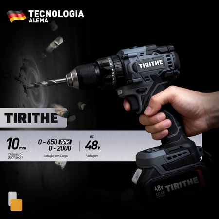 Parafusadeira Furadeira Sem Fio Brushless 48V 10mm Impacto Com 2 Baterias Portátil