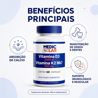 Vitamina D3 2000ui com Vitamina K2 MK7 Medic Lar - 60 ou 120 cápsulas - Envio Imediato