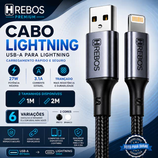 Cabo Lightning Hrebos iPhone 14 13 12 11 X XR Pro Max USB-A 27W 3.1A Turbo Trançado Nylon 1m 2m 3m