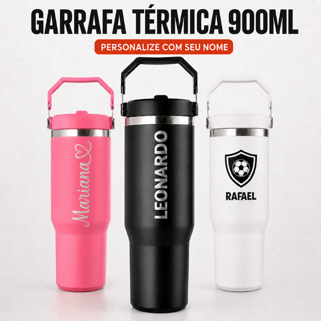 Copo Garrafa Térmica Flip 900ml Inox Personalizada Nome Time Curso Esportiva Bico Alça Academia Viagem Trabalho Escola