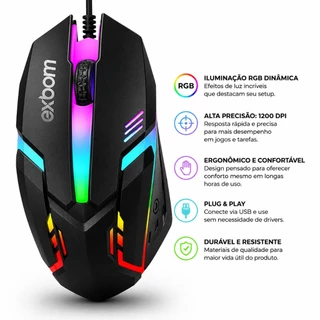 Mouse Com Fio Design Ergonômico 1200 DPI Ajustável Alta Precisão Cabo Resistente