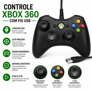 Controle Xbox 360 Ou Play e PC Com Fio USB – Joystick Gamer Compatível Windows / Plug & Play