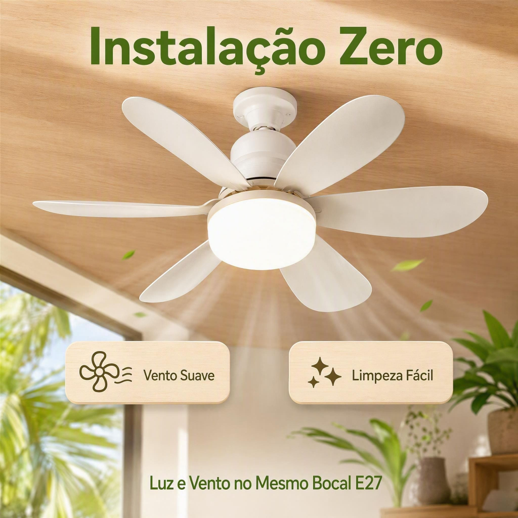 Ventilador de Teto 80W LED Lâmpada Controle Remoto Luminária Economica de Energia 6 lâminas Bivolt