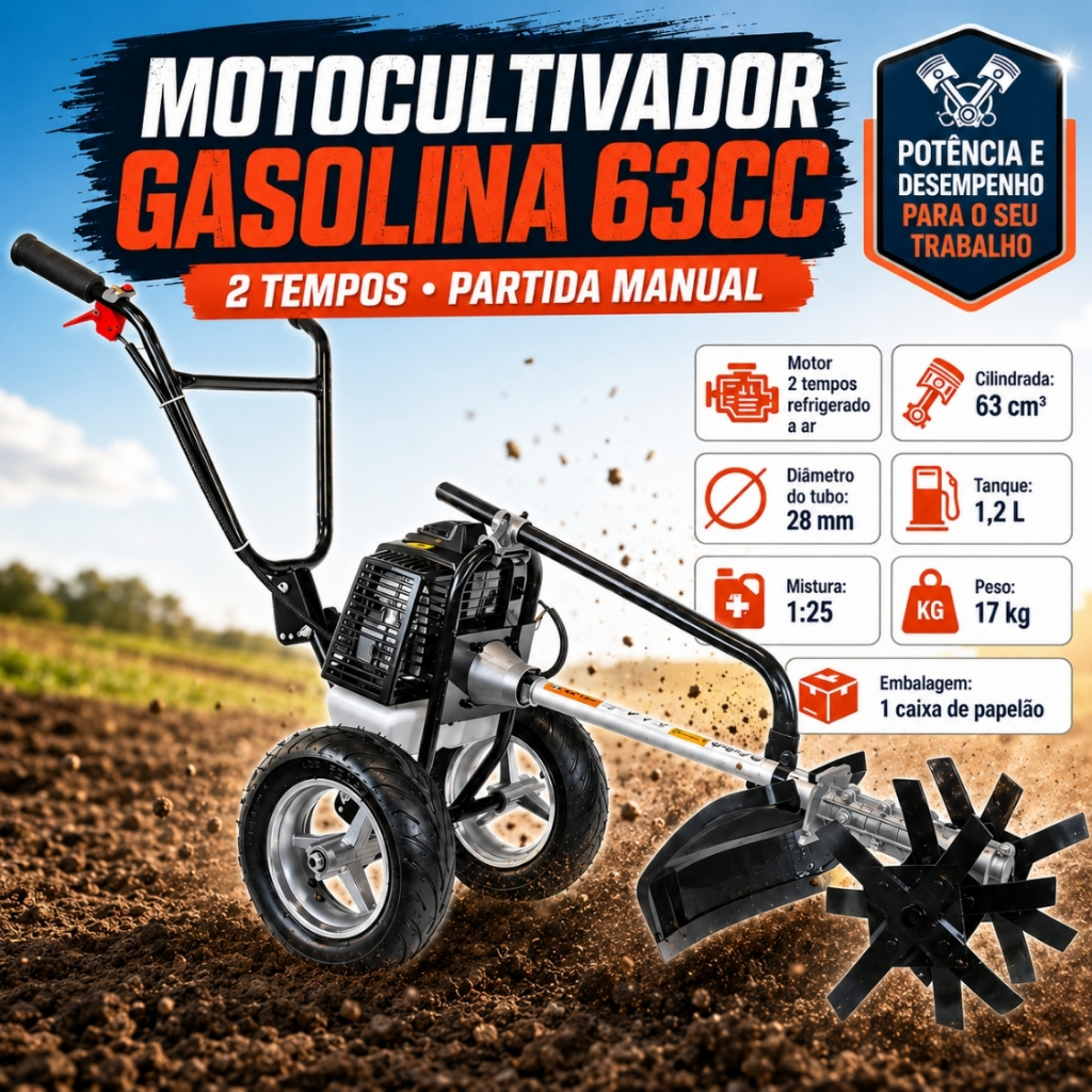 Motocultivador e Roçadeira Multifunção a Gasolina 2T 1,7HP 63CC