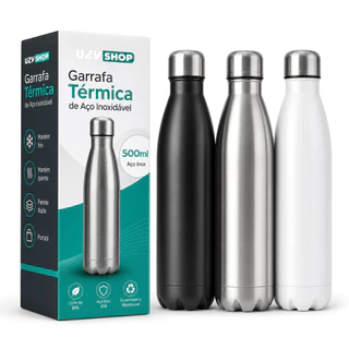 Garrafa Térmica de Inox Parede Dupla 500ml Prata Preto e Branca Vedação Hermética Livre de BPA