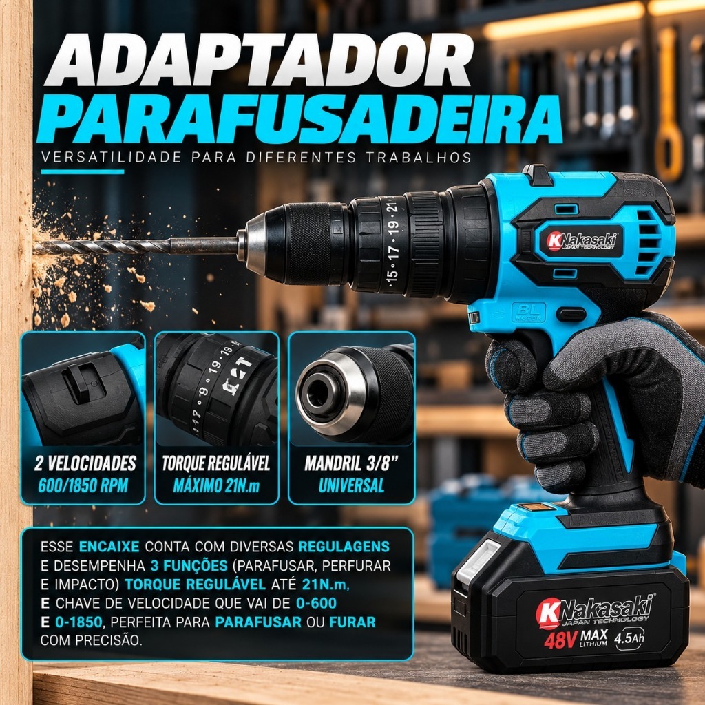 Kit Ferramentas 5 em 1 Nakasaki Baterias 48V Brushless Furadeira
