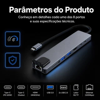 Hub USB-C 8 em 1 Profissional, 4K HDMI, PD 100W, RJ45, USB 3.0, SD TF, para Home Office e Reunião
