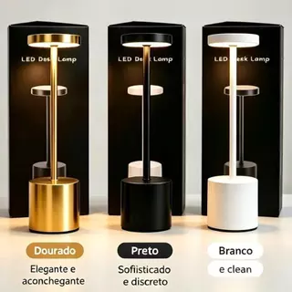 Luminária de Mesa Abajur Cabeceira Escrivaninha LED 3 em 1 Recarregável Tipo C Preto Cromado Dourado