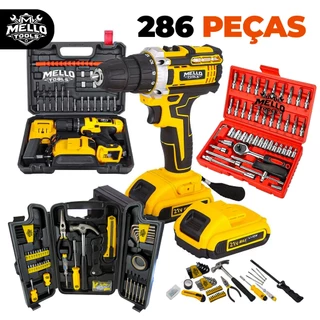 Jogo Kit Ferramentas 286 Peças com Parafusadeira/Furadeira 48V Sem Fio + Jogo de Soquete e Maleta Completa Profissional