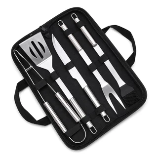 Kit 5 Peças Ferramentas para Churrasco em Aço Inoxidável com Bolsa de Armazenamento em Tecido, Inclui Faca, Garfo...