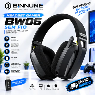 Fone Headset Gamer Binnune BW06 Sem Fio Bluetooth Dongle 2.4GHz Microfone Flip PS5 PS4 PC IPhone/Android