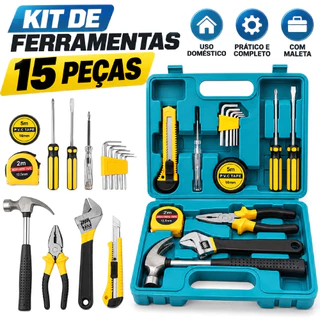 Kit de Ferramentas 15 Peças com Maleta Organizadora Martelo Alicate Chaves Trena para Casa