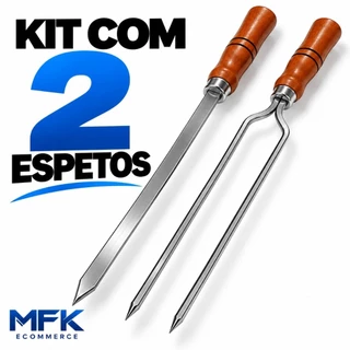 Kit 2 Espetos Alumínio Para Churrasco Espada e Duplo Cabo de Madeira 40 50 60 70 80 cm Para Churrasqueira MFK