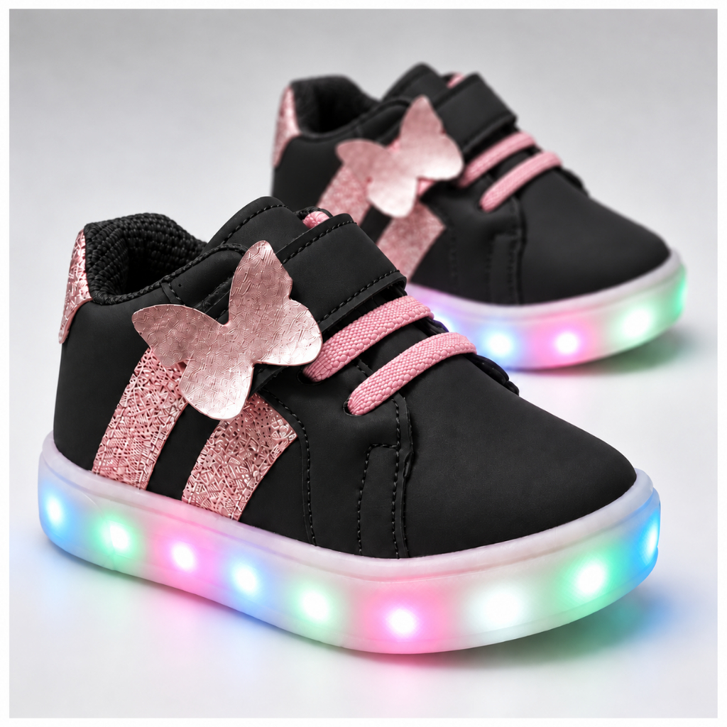 Sapato Tênis Infantil Menina com Luz de LED Borboleta Preto Rosa ...