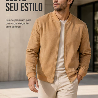 Jaqueta Bomber Suede Masculina Com Zíper Frontal E Bolso