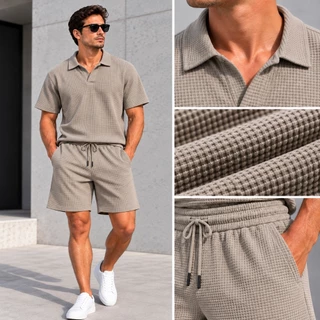 Conjunto Masculino 2 Peças Camiseta Polo Manga Curta Texturizada e Shorts com Cordão Casual e Confortável para Verão