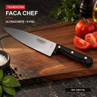 Faca Chef Tramontina Ultracorte 8 Pol Aço Inox Cabo Preto 23861/108