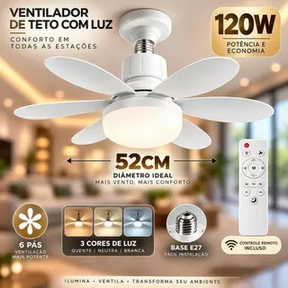 Ventilador de Teto com Lâmpada LED 120W 52CM, Super Silencioso, 6 Hélices, Bivolt