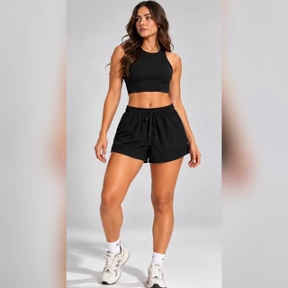 Short Feminino Tactel Elastano Praia Academia Cós Elástico com Cordão Bolso e Abertura Lateral