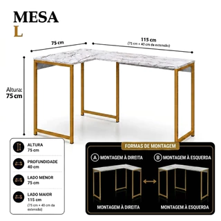 MESA SALÃO INDÚSTRIAL EM L HOME OFFICE ESCRITÓRIO MANICURE ATÉ 1.20CM PES DOURADO MARMORE UV Queima de estoque