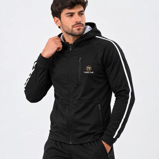 Jaqueta Masculina Jogger com Capuz para Frio com Filete Esportiva Casual Preta