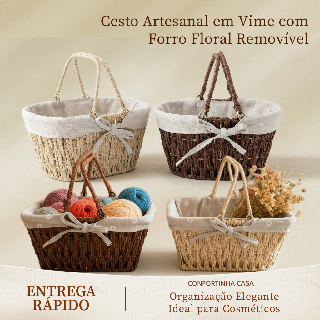 Cesto Organizador em Vime com Alça Forro Floral Removível Decorativo