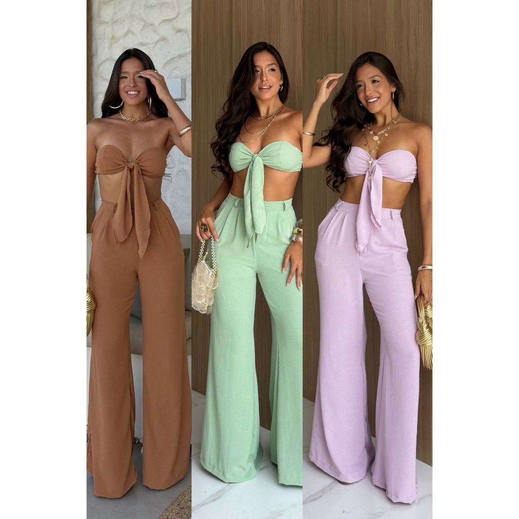 Conjunto Com Calça Pantalona e Top de Amarração