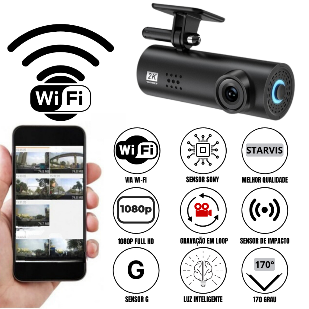Câmera Veicular Dash Cam 2K WiFi Sensor G Visão Noturna 170 ...
