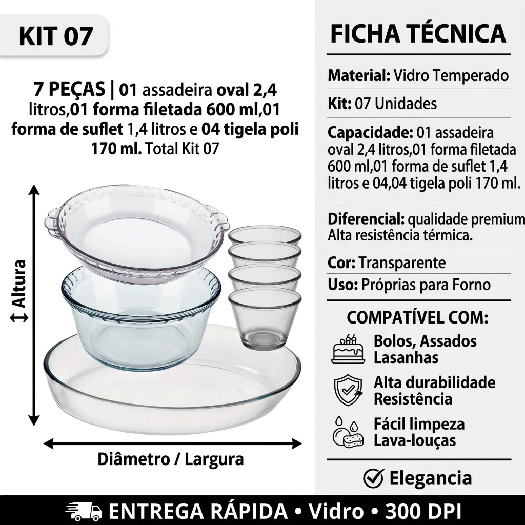 Conjunto Marinex KIt Jogo de Travessas 7 peças Variadas em Vidro