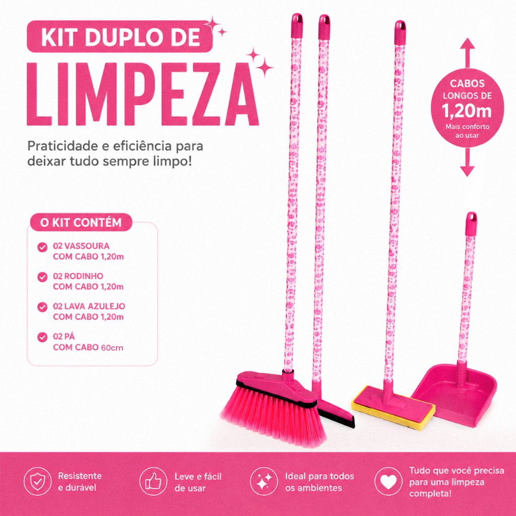 2 Kits Econômico Duplo Limpeza Completa 2 Vassoura 2 Rodo 40cm 2