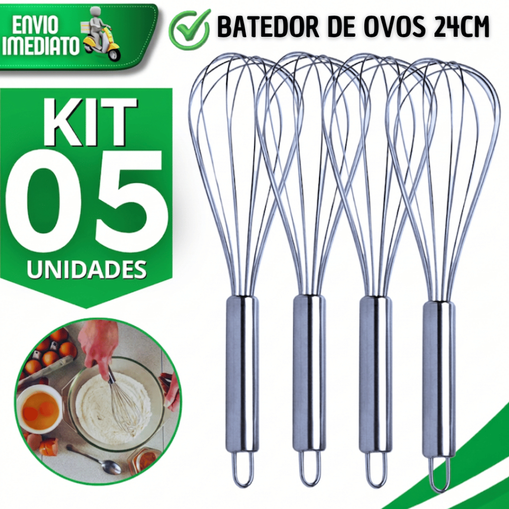 Kit Batedor Manual Claras Ovos Aço Inox Fouet 24Cm Cabo Refo