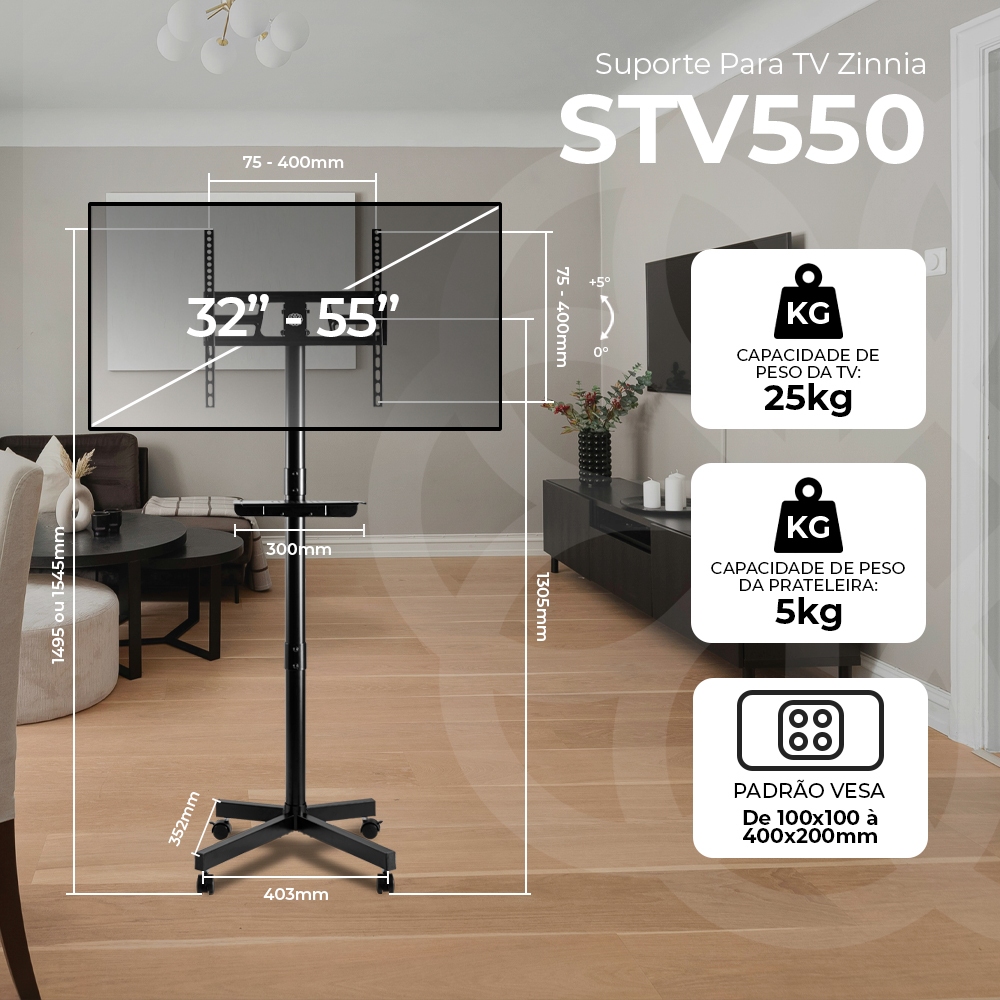 Suporte Pedestal Para TV 32 a 55 Pol Com Rodinhas Ajustável