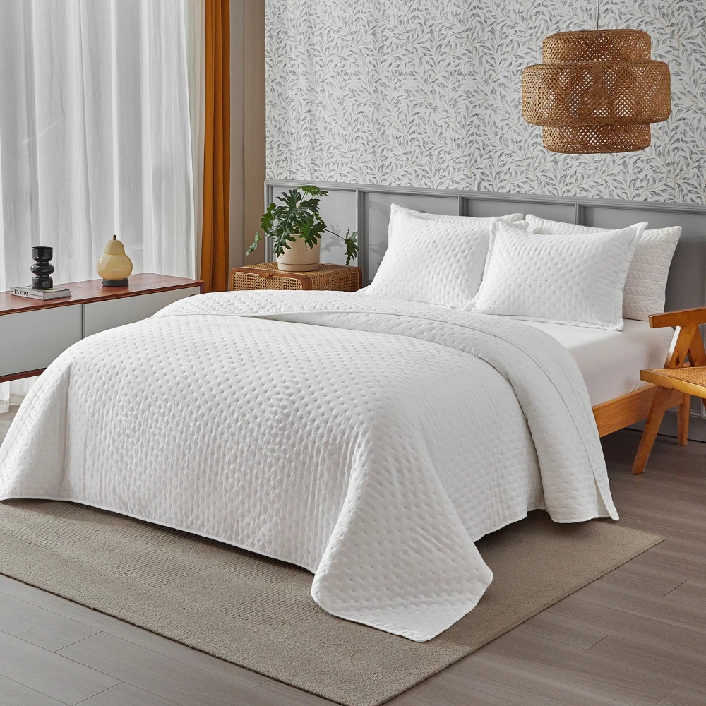 Kit Colcha Cobre Leito 3 Peças 300 Fios Ponto Cruz Macio e Elegante