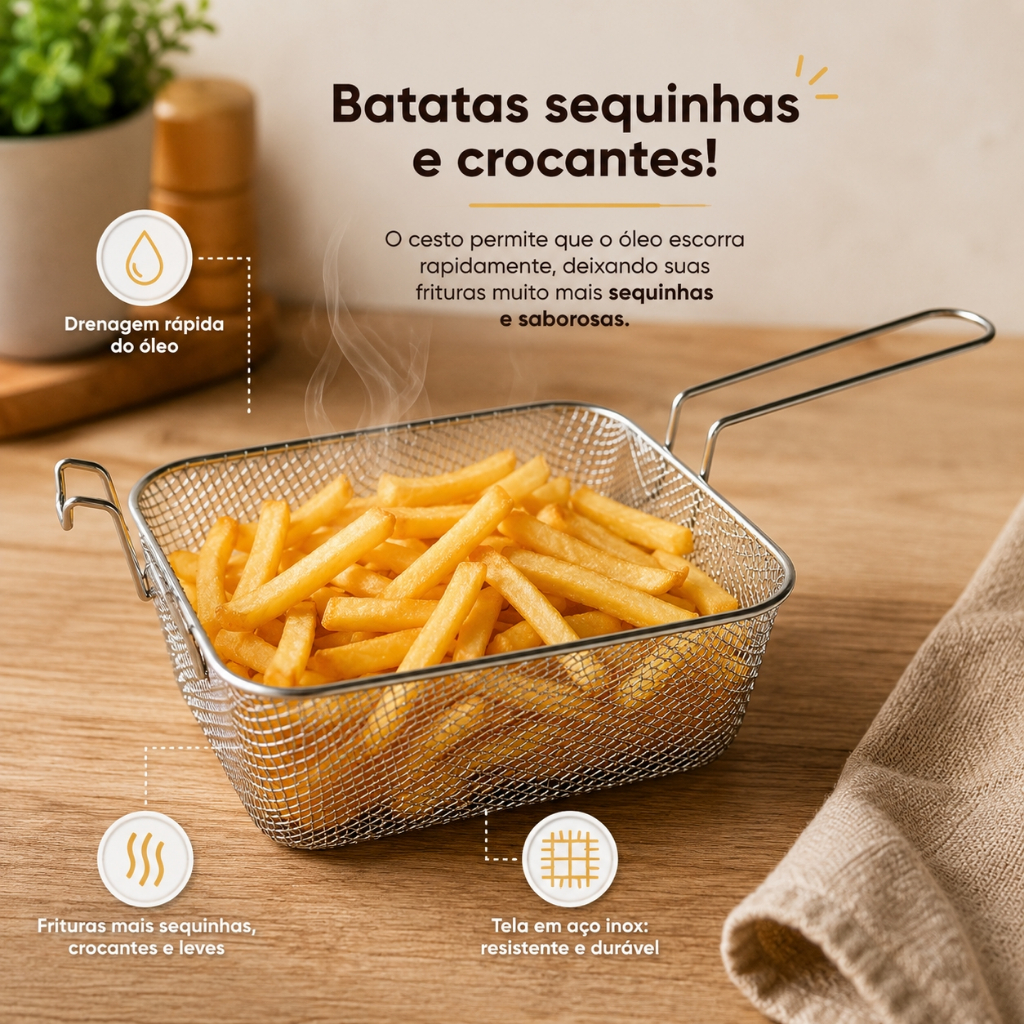 Cesto Fritura Retangular 5 Litros 23x18x8cm Grande GG Aço In