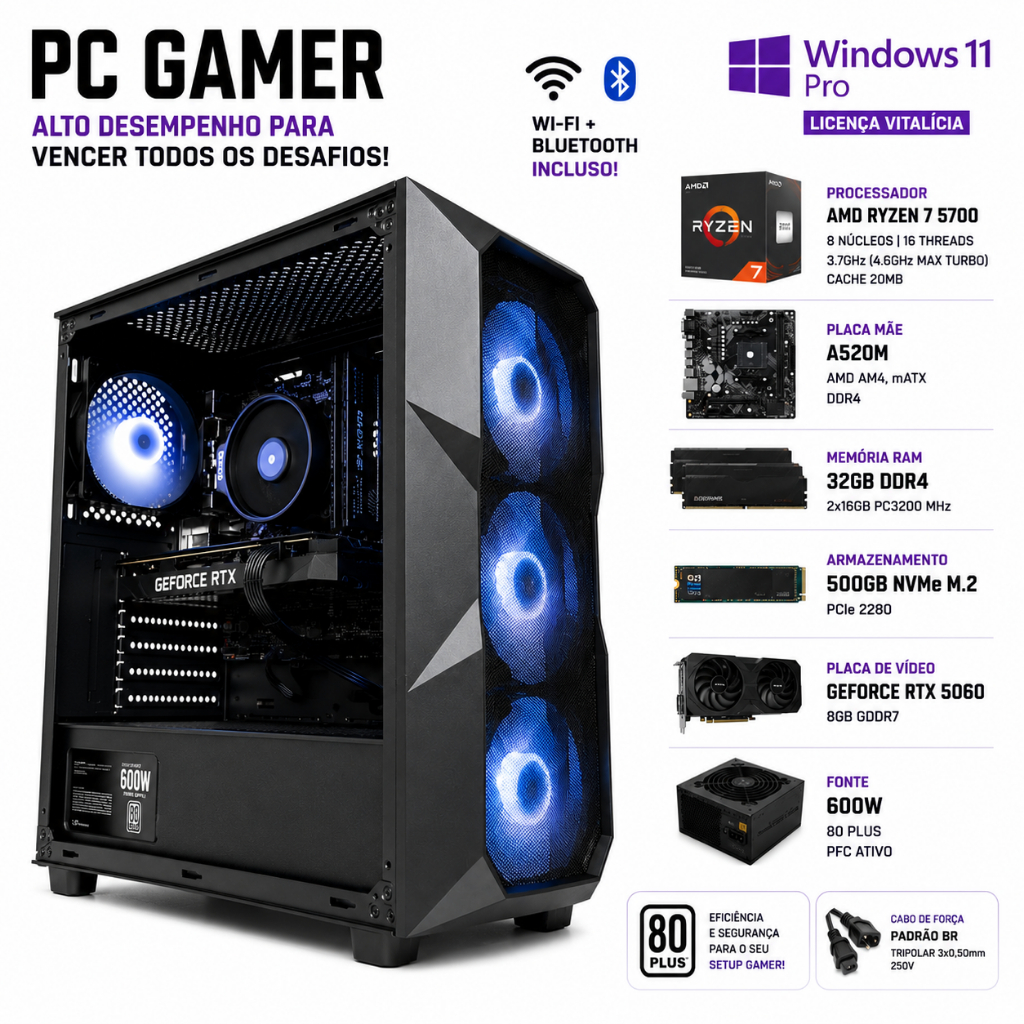 PC Gamer Completo Fácil AMD Ryzen 3 PRO 4350G 3.8GHZ 16GB DDR4 RTX