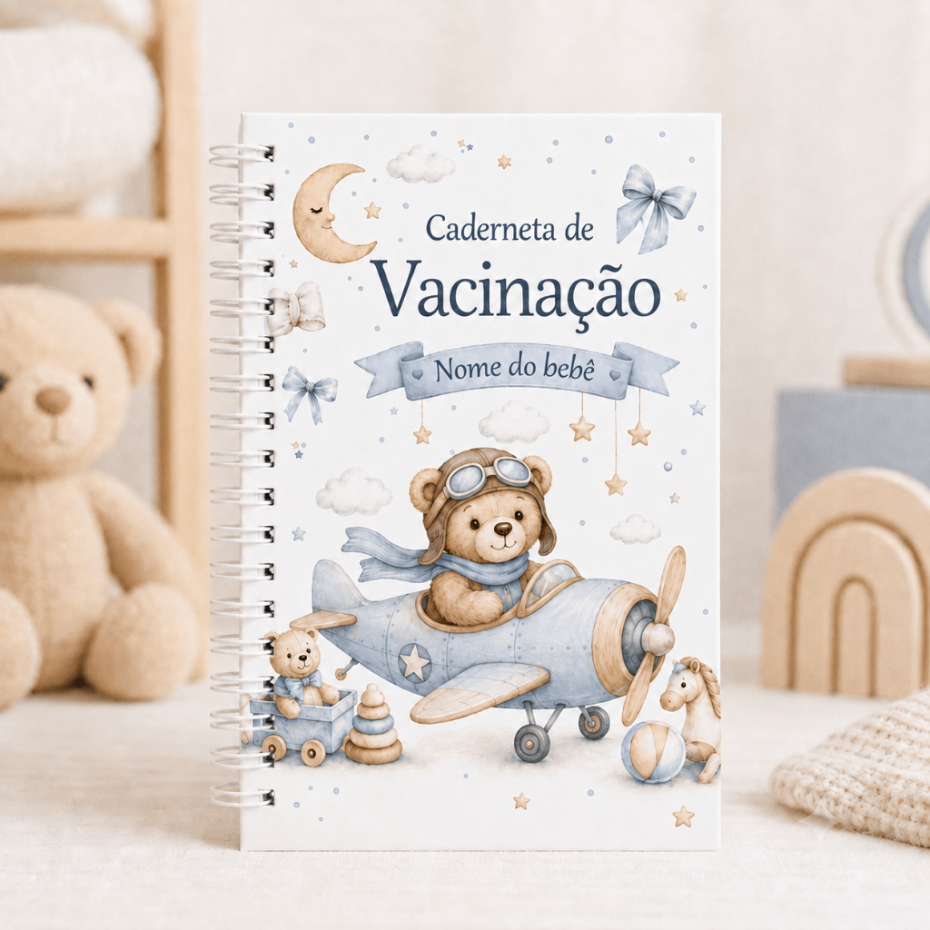 Caderneta de Vacinação do bebê Personalizada com Nome - Ursinho Aviador