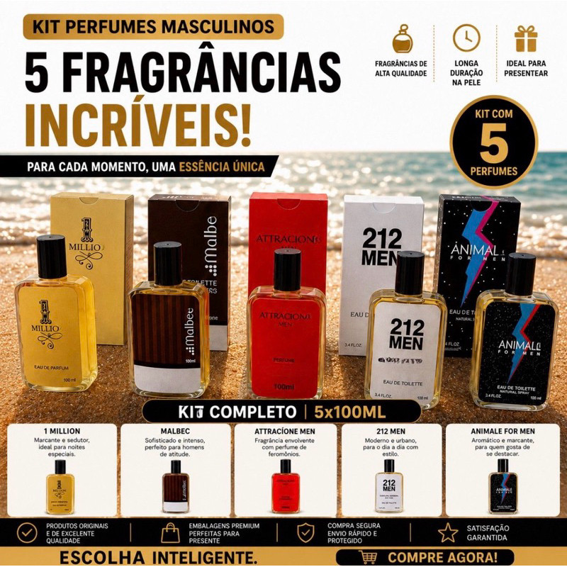 Kit 5 Perfumes Masculinos 100ml | Fragrâncias Variadas de Alta Fixação | Ideal para Present