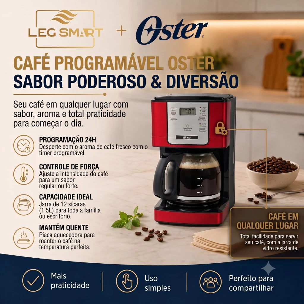 Imagem promocional da Cafeteira Oster Flavor Programável vermelha em um cenário de cozinha, destacando suas características como programação 24h, controle de força e capacidade de 1.5L.