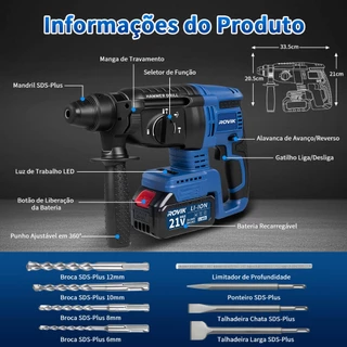 Martelete Furadeira rompedor eletrico profissional 600w Martelo de impacto Rompedor 21V/68V Com 2 Baterias