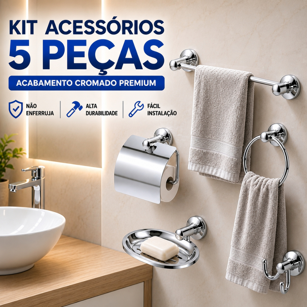 Kit 5 Peças Acessórios Banheiro Completo Inox Aço Escovado Saboneteira Papeleira Porta Toalha Cabide Linha Premium
