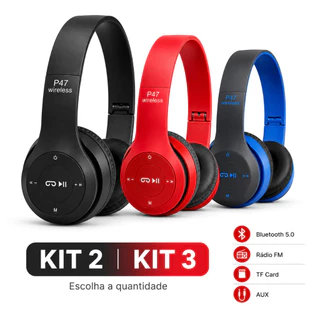 Kit 3/2 Headset Bluetooth P47 Wireless Com Microfone Som Estéreo Rádio FM Cartão TF AUX Recarregável