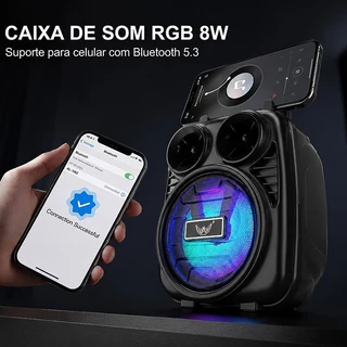 Caixa de som Bluetooth portátil, recarregável, com rádio FM, alto-falante e luz LED.